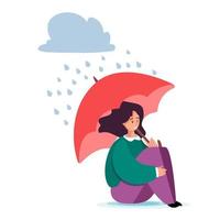 vectorillustratie voor ondersteuning van de geestelijke gezondheidszorg. innerlijke wereld en zelfzorg concept. gelukkige vrouw beschermt zichzelf tegen de regen met een paraplu. vector