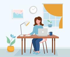 werk thuis conceptontwerp. freelance vrouw die aan laptop werkt bij haar huis, gekleed in huiskleding. vectorillustratie. online studie, onderwijs. vector