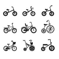 silhouetten van kinderfietsen van driewielers tot tieners. zwarte fietsen met verschillende frametypes. vector