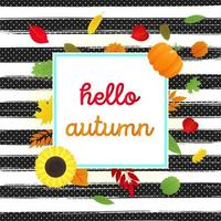 hallo herfst vector banner of poster kleurovergang vlakke stijl ontwerp vectorillustratie. enorm rood lint met tekst, gekleurde bladeren, pompoen, zonnebloem, taart en maïs geïsoleerd op een leuke achtergrond.