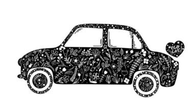 eco-auto met bloemmotief. liefde planeet. groene aarde. hand getekende voorraad vectorillustratie. vector