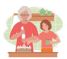 oma en kleindochter versieren een verjaardagstaart. illustratie van een oudere vrouw en een klein meisje die koken in de keuken