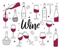 rode wijn, glas, kurkentrekker. vector designelementen in doodle stijl. opties voor wijnflessen. eenvoudig plat ontwerp.