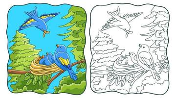 cartoon illustratie vogels brengen voedsel naar hun nest boek of pagina voor kinderen vector
