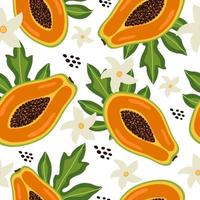 tropische naadloze patroon met kleurrijke exotische halve papaya fruit, bladeren en bloemen op witte achtergrond. organisch zomerpatroon. trendy vectorillustratie vector