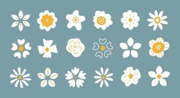 vector set van eenvoudige hand getrokken witte bloemblaadjes geïsoleerd op blauwe achtergrond. elegantie ronde bloemhoofd plantencollectie. trendy ontwerp voor logo, print, poster, sociale media
