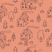 huizen en bomen naadloos patroon. stad straat illustratie hand getekend in doodle lijn kunststijl vector