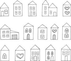 huis doodle stijl decor ingesteld pictogram. met de hand getekend, noords, scandinavisch. , minimalisme, zwart-wit. sticker poster kaart gebouw hart liefde vector