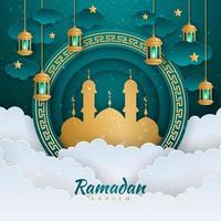 ramadan kareem papier gesneden vector. spandoek of poster met lantaarn en wolkenornament, geschikt voor het vieren van ramadan-evenementen. vector