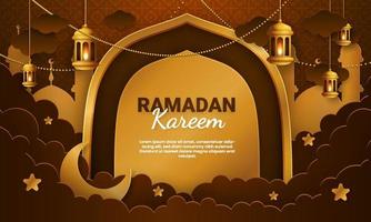 ramadan kareem papier gesneden vector. spandoek of poster met lantaarn en wolkenornament, geschikt voor het vieren van ramadan-evenementen. vector