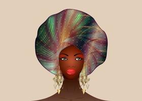 Afrikaans vrouwenportret, Nigeriaanse headtie, etnische afro-tulband en gouden oorbellen. schoonheid zwart meisje in yoruba bruiloft kleding kapsels. mannequin vector geïsoleerd op beige background