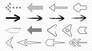 contour en pixel zwarte pijlen geïsoleerde pictogrammen. techno futuristische wijzers van gevulde en lege geometrische vierkanten verschillende vormen en vectorrichtingen vector