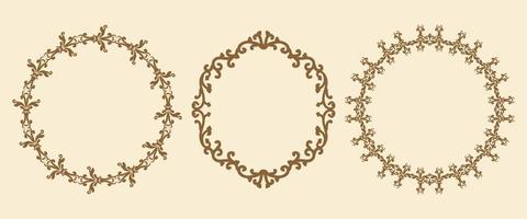 set ronde decoratieve frames in vintage stijl. bruine ronde ornamenten op een beige achtergrond. patroonranden. vectorillustratie. vector