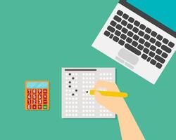 bovenaanzicht examen of onderwijs test concept. er zijn laptop, antwoordblad, rekenmachine, potlood in de rechterhand op het bureau. vector