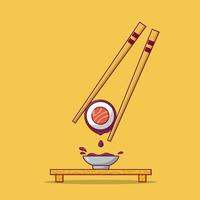 sushi en sojasaus met eetstokje vector pictogram illustratie. Japanse voedselvector. platte cartoonstijl geschikt voor webbestemmingspagina, banner, flyer, sticker, behang, achtergrond