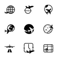 set van zwarte pictogrammen geïsoleerd op een witte achtergrond, op thema vliegtuigen vector