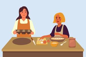 jonge vrouwen of gelukkige paar bereiden samen dessert in de keuken, platte vectorillustratie. mensen brengen een familieavond door met koken. vector