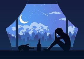 silhouetontwerp van eenzame depressieve man zit tussen eenzame nacht in zijn kamer, vector