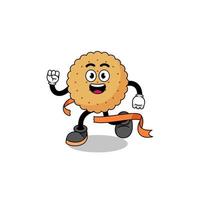 mascotte cartoon van koekjesronde die op de finishlijn loopt vector