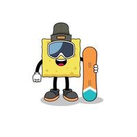 mascotte cartoon van spons snowboard speler vector