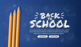 welkom terug op school achtergrond met potloden, concept van onderwijs banner met terug naar school belettering ontwerp vector