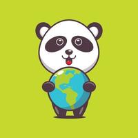 schattige cartoonillustratie van panda die de aarde knuffelt vector