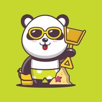 schattige panda stripfiguur mascotte in zonnebril spelen zandstrand vector