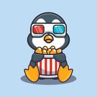 schattige pinguïn die popcorn eet en 3D-film kijkt vector