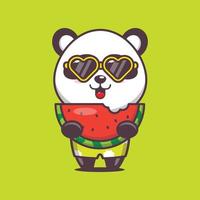 schattige panda stripfiguur mascotte eet verse watermeloen vector
