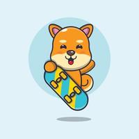 schattig shiba inu hond mascotte stripfiguur met skateboard vector