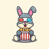 schattig konijn dat popcorn eet en 3D-film kijkt vector