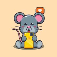 schattige muis met telefoon cartoon vectorillustratie vector