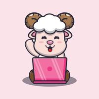 schattige schapen met laptop cartoon vectorillustratie vector