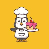 schattige pinguïn chef-kok cartoon mascotte illustratie met cake vector