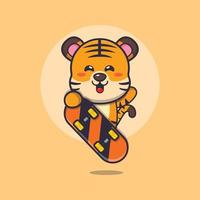 schattige tijger mascotte stripfiguur met skateboard vector