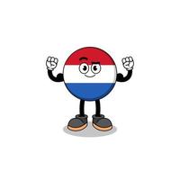 mascotte cartoon van nederlandse vlag poseren met spier vector