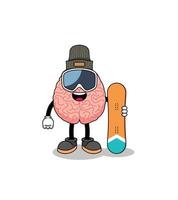 mascotte cartoon van hersenen snowboard speler vector
