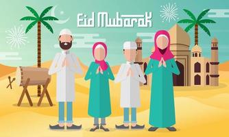 eid mubarak wenskaart in vlakke stijl vectorillustratie met moslim familie karakter. vector