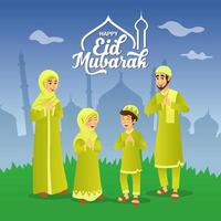 eid mubarak wenskaart. cartoon moslim familie vieren eid al fitr met moskee als achtergrond. vectorillustratie. vector