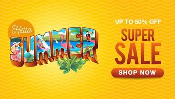 zomer verkoop banner met vintage zomervakantie briefkaart stijl en golven achtergrond. vector