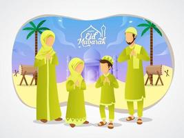 eid mubarak wenskaart. cartoon moslim familie vieren eid al fitr met moskee als achtergrond. vectorillustratie voor eid wenskaart, spandoek en poster. vector