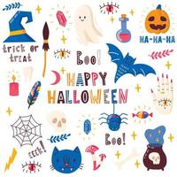 set vectorelementen voor halloween met letterig. pompoen, gif, heksenbezem, snoep, boe-geroep, kat, spook, vleermuis, kristal, paddestoelen, schedel. vector illustratie