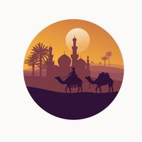 man rijden kameel met moskee cirkel achtergrond