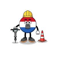 karakter cartoon van nederlandse vlag bezig met wegenbouw vector