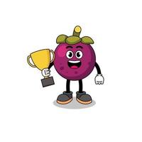 cartoon mascotte van mangosteen met een trofee vector