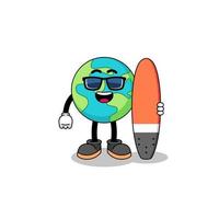 mascotte cartoon van de aarde als surfer vector