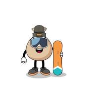 mascotte cartoon van geldzak snowboard speler vector