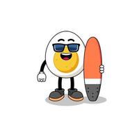 mascotte cartoon van gekookt ei als surfer vector