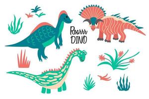 set met cartoon dinosaurussen en planten voor kinderen vector