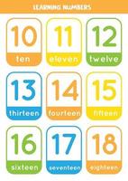 het leren van getallenkaarten van 11 tot 20. kleurrijke flashcards. vector